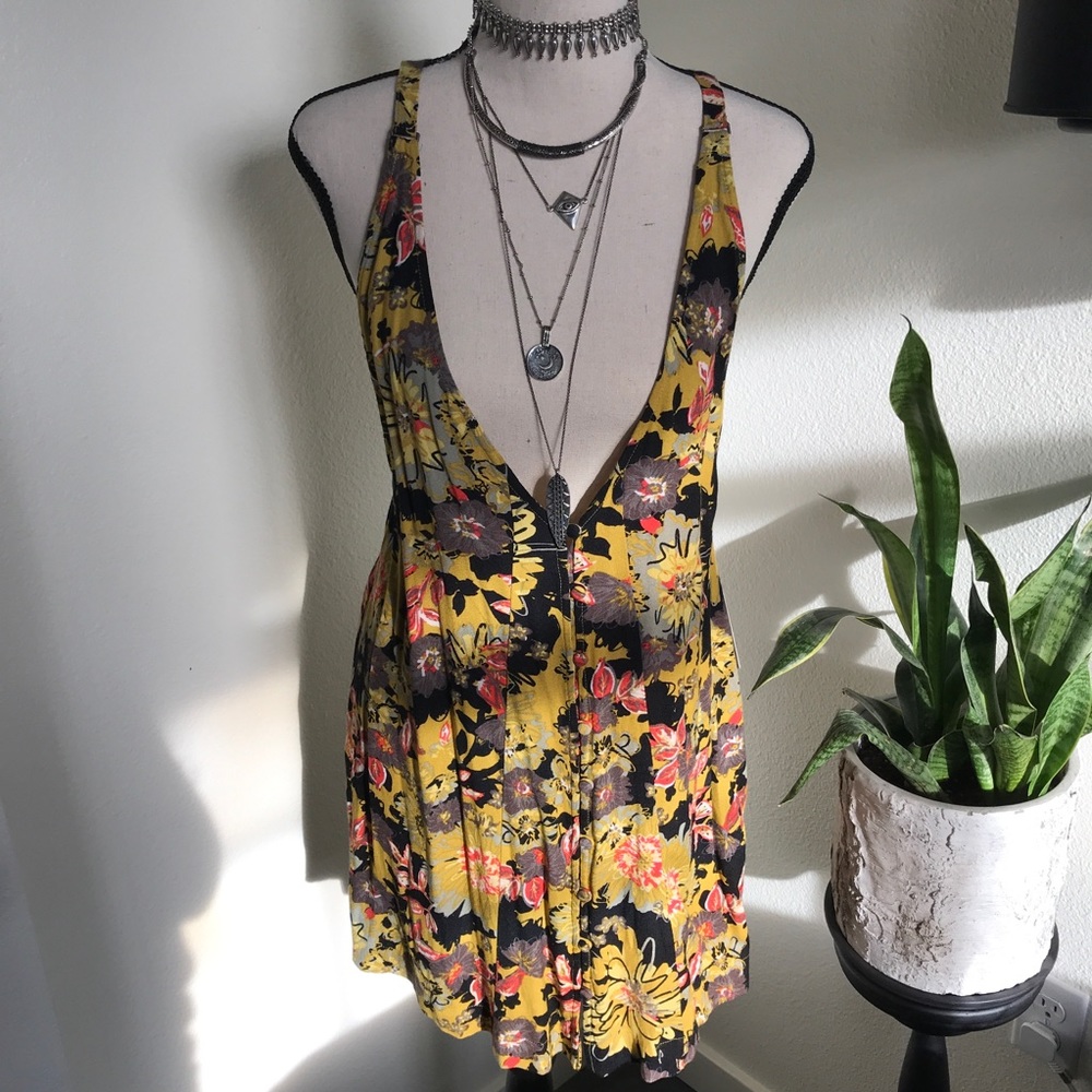 Floral plunging v neck mini dress.